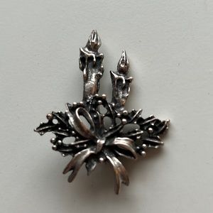Silver Tone Holly & Candle Brooch Pin